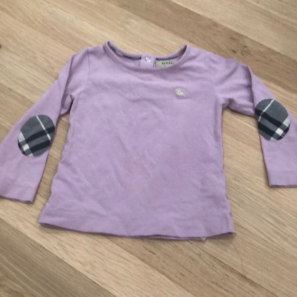 Burberry purple t shirt with plaid check elbows